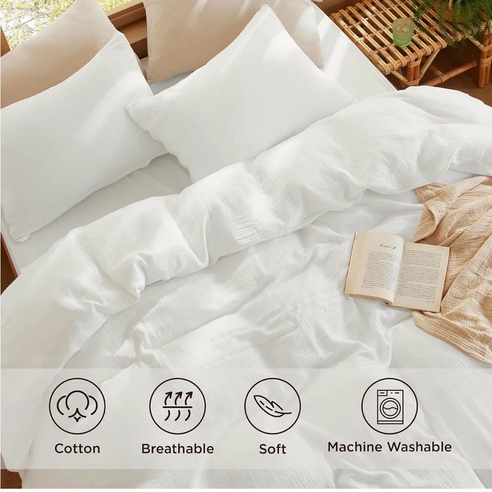 NIP Bedsure 100% Muslin Cotton Duvet Cover,Queen,White,Breathable,Lightweight